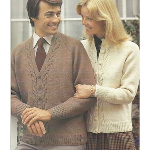 Ladies and Men&#39;s Classic Cardigans Aran Cable V and Round neck PDF Knitting Pattern 34-44&quot; in English 806