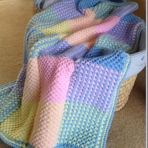 Baby PDF Blanket Knitting Pattern Pram Cover Colourful Squares 28x37" Double Knitting 623