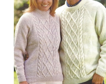 Patrón de tejido para suéter Aran para dama y caballero con cable de diamante de 30 a 52 pulgadas, patrón inglés 796