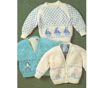 Baby PDF Knitting Pattern Cardigans with Boat, Flower and Girl Motif DK 16-20&quot; in English 345
