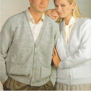 Ladies Men&#39;s Easy Knit Classic Cardigan/Jacket PDF Knitting Pattern DK 32-46&quot; with pockets and Raglan Sleeves  619