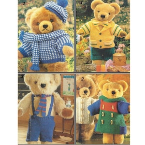 May include: Four teddy bears wearing different knitted outfits. The first bear is wearing a blue and white sweater with a white scarf. The second bear is wearing a blue and white striped shirt with blue overalls. The third bear is wearing a white sweater with a blue cardigan. The fourth bear is wearing a yellow cardigan with green pants.