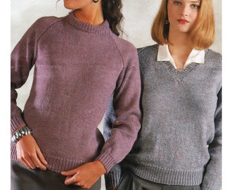 Ladies Crew & V-neck Raglan Sweaters Easy Knit Classic Raglan Knitting Pattern DK 32-42" English Pattern 1327