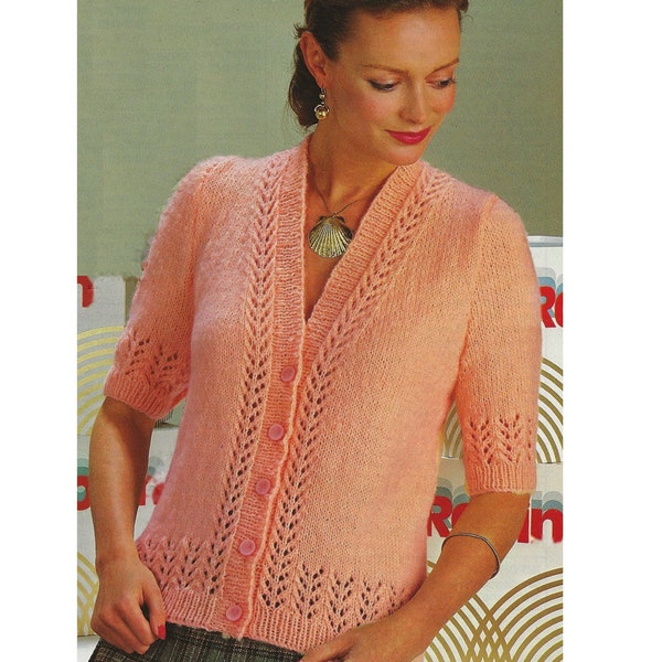 Short Sleeve Ladies Summer Cardigan PDF Knitting Pattern Lace panel DK 31-48" in English 1259