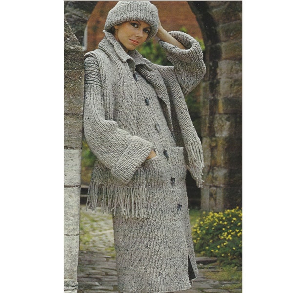 Ladies Coat, Scarf and Hat PDF Knitting Pattern in Chunky 32-38" in English 759
