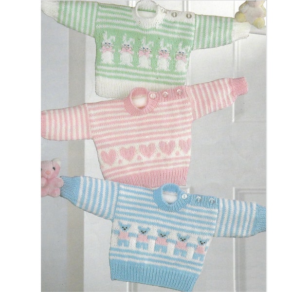 Baby Sweaters with Hearts, Teddy & Bunny motifs PDF Knitting Pattern DK 16-20" 1052