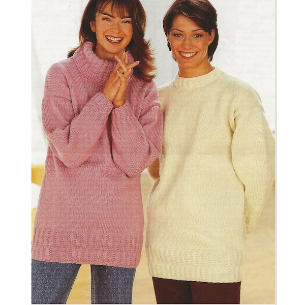 Easy Knit Ladies Sweater PDF Knitting Pattern Crew & Cowl neck Aran 28-44" 1367