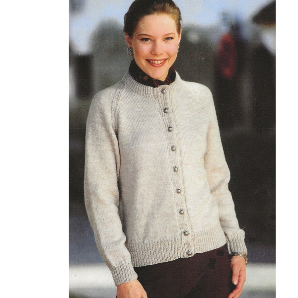 Ladies Classic Easy Knit Cardigan Knitting Pattern 4ply DK Aran Chunky 32-46" Raglan Sleeves English 1224