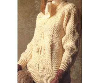 Ladies Aran Sweater PDF Knitting Pattern Diamonds & Cables 30-44" 10ply in English 650