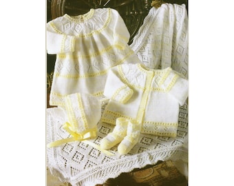 Baby Dress Cardigan Bonnet Bootees Shawl Knitting Pattern 4 ply 12-18" 305