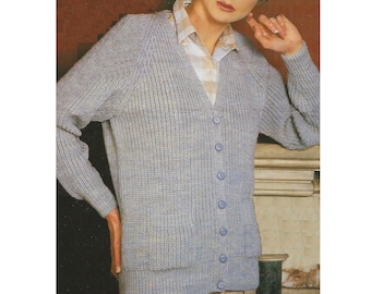Ladies PDF Cardigan Knitting Pattern Classic Fisherman's Rib with pockets and Raglan Sleeves 32-40" DK (8ply) English Pattern 540