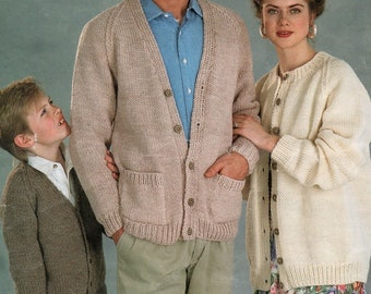 Ladies Men's Classic Easy Knit Cardigans PDF  Knitting Pattern Chunky 24-44" Boy Family in English 1440