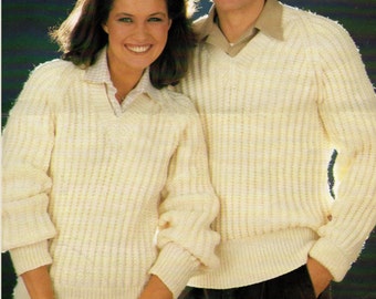 Aran V-neck Sweater Knitting Pattern: Easy Knit Rib Design (32-44" Chest) (PDF Pattern) in English 1421