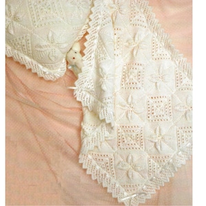 Baby Blanket and Cushion Pram Cover Knitting Pattern in DK yarn  Heirloom Vintage squares PDF 338