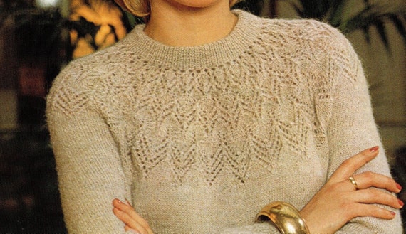 Ladies Lace Yoked Sweater Knitting Pattern 4ply 32-40