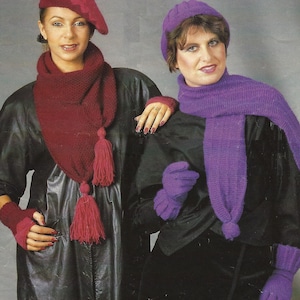 Ladies Fingerless Gloves Scarfs Hat Beret, Fingerless Gloves PDF Knitting Pattern DK Retro in English 781
