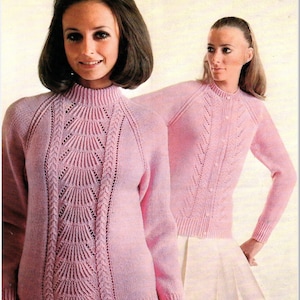 PDF Ladies Cardigan & Sweater Knitting Pattern twin set Raglan Sleeves DK 32-42&quot; in English 1303