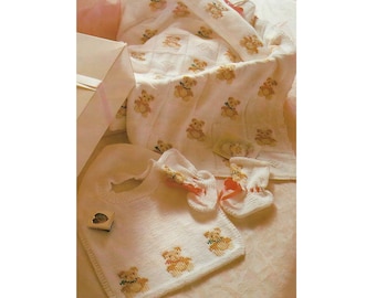 Baby PDF Knitting Pattern Cot Blanket/Cover with Teddy Bear motif. Bib, Bootees and Coat Hanger  4ply 620