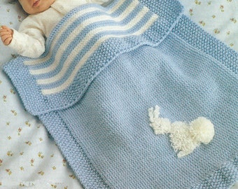 Baby Pram Blanket PDF Knitting Pattern with Bunny motif Double Knitting - Easy Knit in English 296