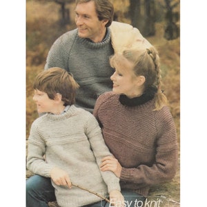 Easy Knit Chunky Sweater PDF Knitting Pattern Ladies Men&#39;s Girls Boys 26-44&quot; English Pattern 1355