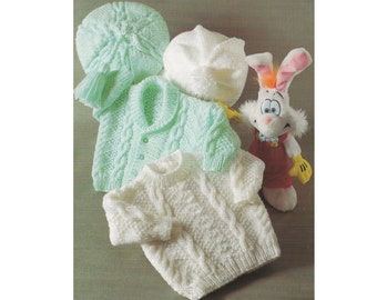 Baby Aran Chaqueta Suéter Boina y Gorro PDF Patrón de Tejer 16-22" en Inglés 1225