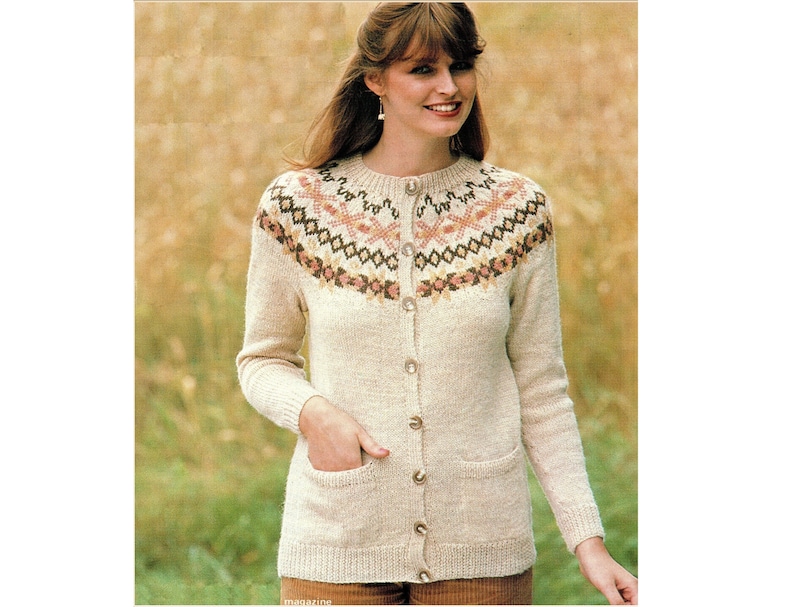 Ladies Fair Isle Yoke Cardigan With Pockets PDF Knitting Pattern DK 34