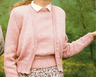 Ladies Classic Twin Set PDF Knitting Pattern Sweater Cardigan DK 32-42" in English 1441