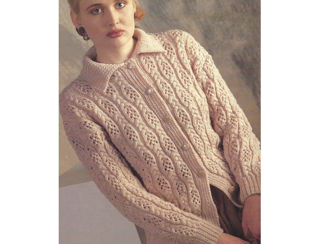Ladies Aran Jacket PDF Knitting Pattern 3040 With Collar in English