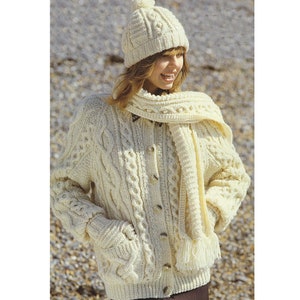 Ladies Aran PDF Knitting Pattern Cardigan, Hat, Mittens and Scarf 32-42&quot; English Pattern 644