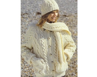 Patrón PDF de punto Aran para mujer: cárdigan, gorro, mitones y bufanda (81-107 cm), patrón inglés 644