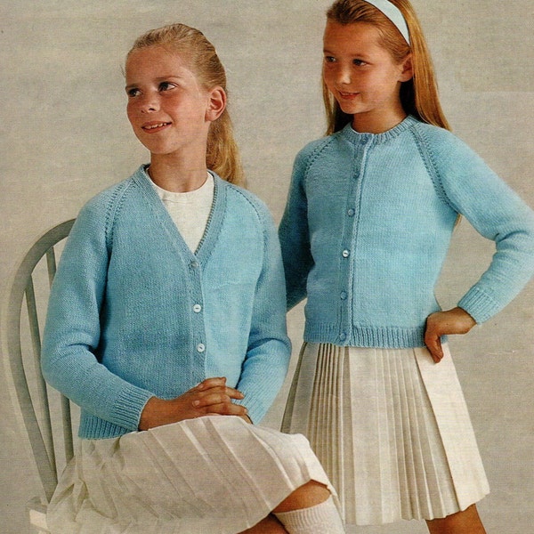 Girls Cardigans PDF Knitting Pattern Raglan Sleeves V or Round Neck DK 26-30" 1296