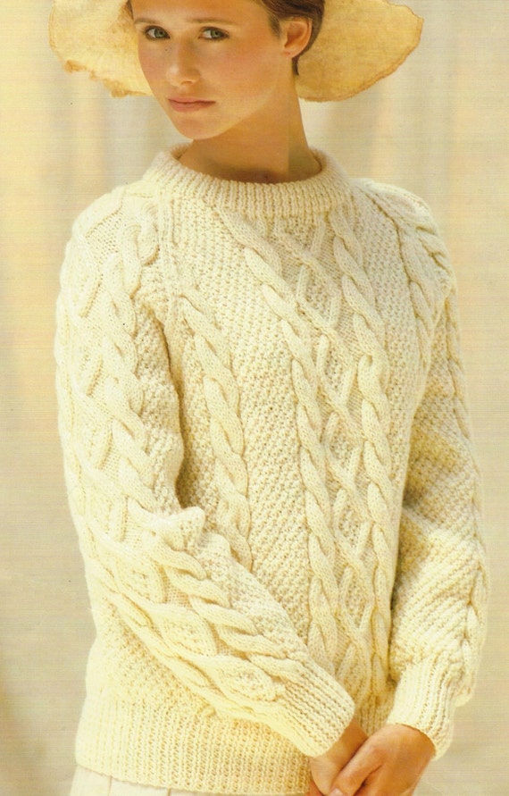 Damen Aran PDF Pullover Strickmuster Zopfmuster mit