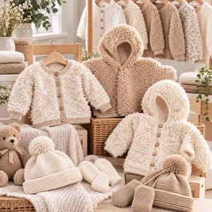 May include: A collection of textured knit baby clothing including cardigans with wooden buttons, hooded jackets, pom-pom beanies, and mittens in shades of cream and beige. A small brown teddy bear sits among the knitted items.