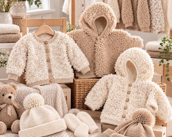 Chaqueta Loopy para bebé niña (PDF) Patrón de punto con capucha, gorro y manoplas 16-22" DK (8 cabos) 285 Inglés