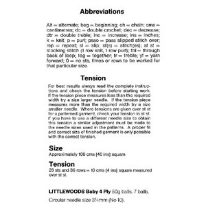 May include: Knitting instructions for a baby blanket using Littlewoods Baby 4 Ply yarn. The instructions include abbreviations, tension information, and the recommended needle size, 3 1/2 mm (No 10).