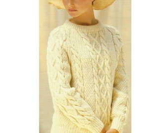Patrón de tejido de suéter Aran PDF para mujer Detalles de cable con cuello redondo 32-42" (81-107 cm) Patrón inglés 543