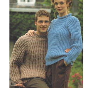 Wzór na sweter damski i męski z włóczki 4ply DK Aran Chunky Easy Knit 34-46" Wzór angielski dla niej i dla niego 1033
