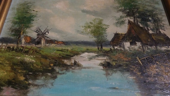 油絵 絵画 【田舎風景】 田舎道の絵画、草原の風景画、日の出の油絵、ピンクの空のアート、田舎