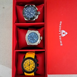 3 new old stock Swiss Legend Comander and Diver Watches in original case