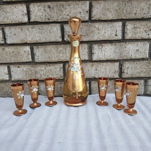 1950s Bohemia gold leaf Amber crystal decanter and glasses