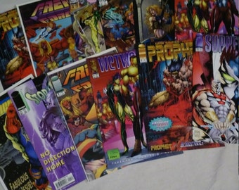 Könnte beinhalten: Eine Sammlung von Comics mit verschiedenen Charakteren und Titeln, darunter "Prophet", "Wetworks", "Supreme" und "Storm", mit farbenfrohen Covern und actiongeladenen Szenen.