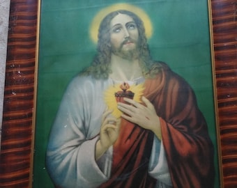 1890s hand colored Sacrate Heart of Jesus framed lithograph