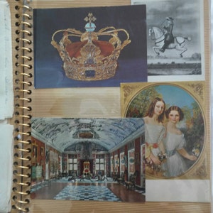 May include: A scrapbook with several postcards featuring a gold crown, a painting of two women in a garden, and a black and white photo of a person riding a horse.