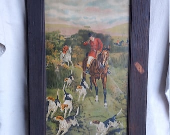 1890s Brittish Horseback Fox Hunt Litografía en marco de puerta antigua
