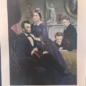 antique hand colored portrait of Lincoln&#39;s Family At Home