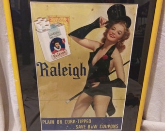Early 1950s framed Raleigh Cigarette advertising lithograph