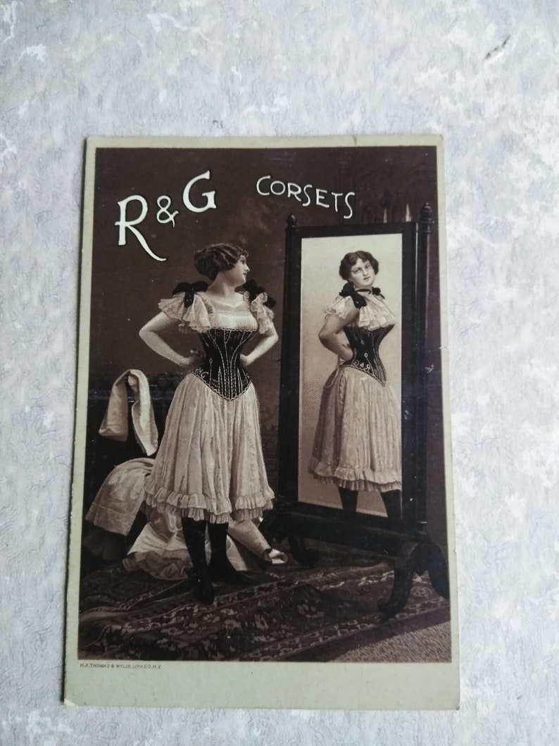 Tarjeta de gabinete publicitario de corsés antiguos R & G imagen 1