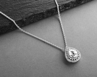 CZ Pendant Necklace, Wedding Necklace, Pendant Necklace for Brides, Drop Pendant Necklace, Silver Bridal Necklace, CZ Necklace for Brides