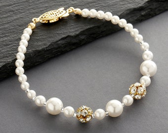 Dainty  Bridal and Wedding Bracelet with Ivory Pearls & Austrian Crystal Gold Rhinestone Fireballs, 7" Length With Art Deco Clasp