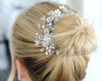 Floral Bridal Comb, Silver Wedding Hair Comb, Crystal Bridal Hair Comb, Bridal Hair Accessory, Pearl Wedding Hair Accessory, Comb for Brides